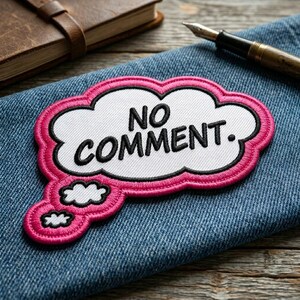 May include: Embroidered patch in the shape of a speech bubble with the words "NO COMMENT." in black. The patch has a white background, a pink border, and is placed on a blue denim surface. A leather-bound notebook and a pen are in the background.