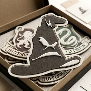 May include: A set of layered, textured resin-style emblems featuring a dark brown sorting hat in the foreground. Behind it are shield-shaped crests for Gryffindor with a lion, Slytherin with a snake, and Hufflepuff with text visible at the bottom.