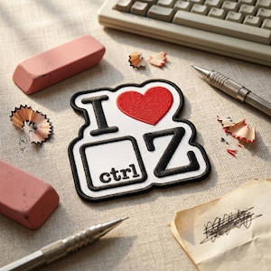 May include: A patch with the text "I ❤️ Z ctrl" in black and red, with a red heart replacing the word "love". The patch is surrounded by two pink erasers, pencil shavings, a mechanical pencil, a keyboard, and a piece of paper with scribbles.
