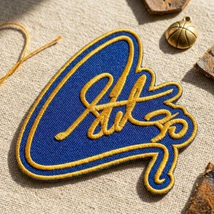Stylish Signature Style Embroidery Patch, Artistic Script Embroidered Badge, Blue and Gold Script Iron-on Badge for Jackets, Hoodies