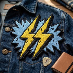 May include: A dark blue denim jacket featuring a large embroidered patch of two yellow lightning bolts against a light blue starburst background. The jacket has metallic buttons embossed with lightning bolt icons and a guitar pick with a bolt.