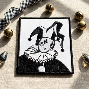 Classic Jester Embroidered Patch, Black and White Pierrot Style Iron-on Badge for Jackets, Sad Clown Embroidery Patch,