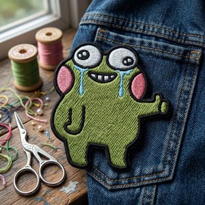 May include: An embroidered patch featuring a green cartoon creature with large white eyes, pink cheeks, and blue tears streaming down its face. The character has a wide grin with visible teeth and is giving a thumbs-up gesture on a denim fabric.