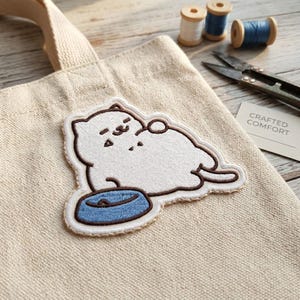 Cute Lazy Cat Embroidered Patch, Chubby Kitty Iron On Patch for Jackets, Funny Pet Food Bowl Badge, DIY Cute Animal Applique Gift
