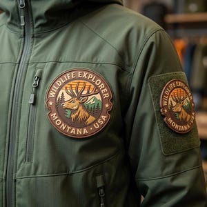 May include: An olive green tactical jacket featuring two circular rubberized patches. Each patch displays a brown border with the text WILDLIFE EXPLORER MONTANA USA, surrounding an illustration of an elk head, pine trees, and a sunset.
