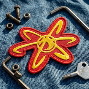 Atomic Star Embroidered Iron-On Patch, Vintage Style Nuclear Atom Embroidery Patch, Vibrant Red & Yellow Embroidered Applique for DIY Crafts