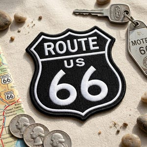Retro Route 66 Embroidered Patch, Classic Highway Sign Embroidery, Vintage Style Road Map Accessory, DIY Crafts, Travel Souvenir