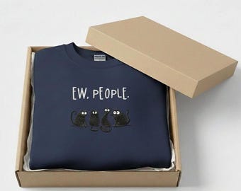 Funny Black Cat Embroidery Sweatshirt, Ew People Introvert Hoodie, Funny Anti Social Club Hoodie, Birthday Gift for Cat Lovers