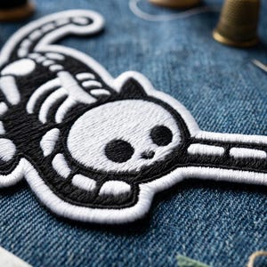 May include: An embroidered iron-on patch featuring a black and white cat skeleton design. The cat is depicted in a playful, stretched-out pose with a rounded skull head, visible rib cage, and a long tail, all outlined in thick white thread.