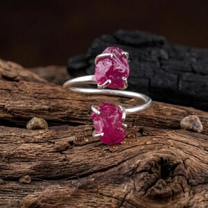 Raw Ruby Two-Stone Bypass Ring, Sterling Silver Uncut Gemstone Jewelry