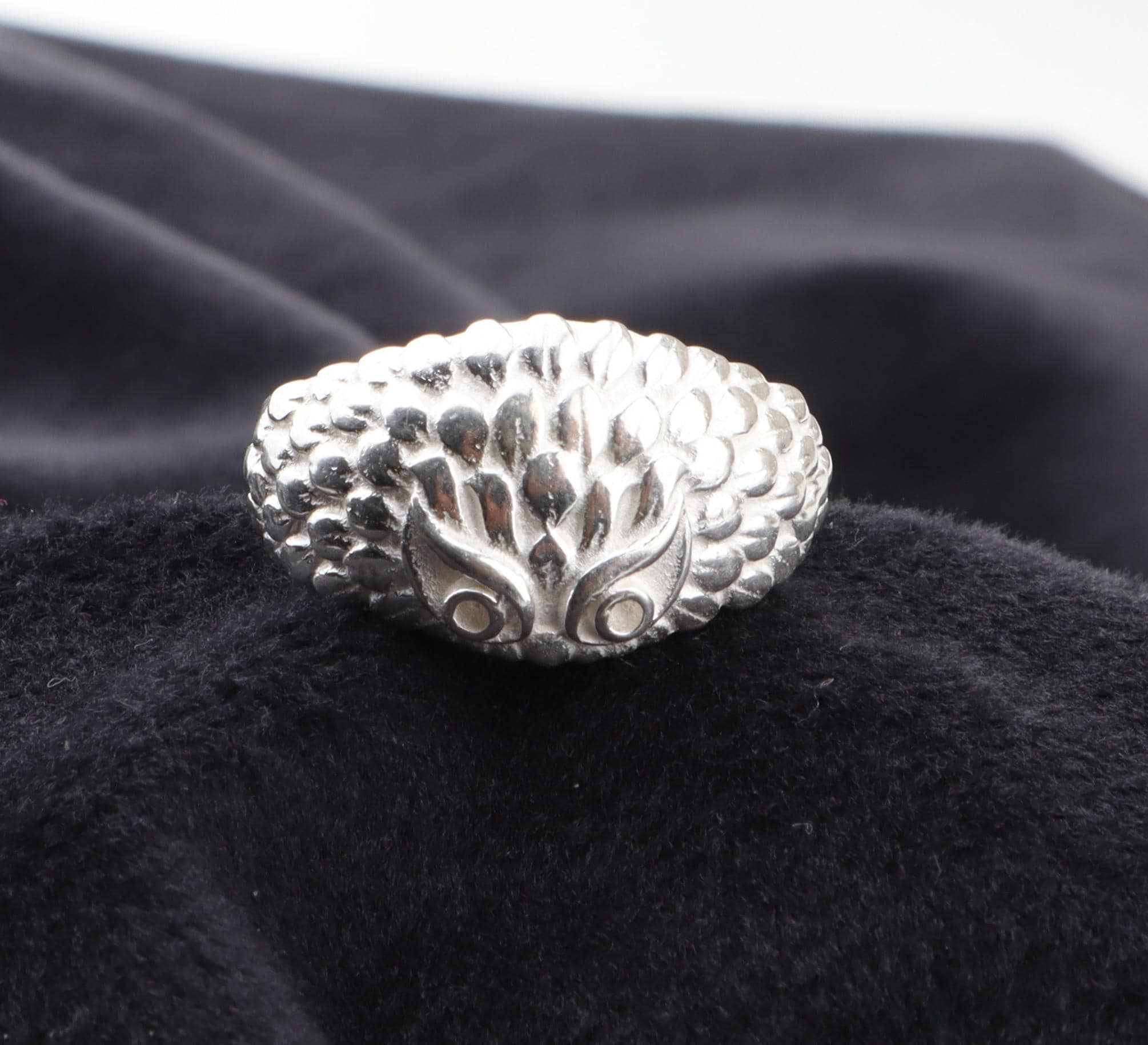 Sterling Silver Owl Ring, Textured Feather Band, Boho Mystic Animal Jewelry