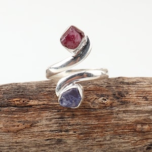 Raw Ruby Tanzanite Bypass Ring, Sterling Silver Two Stone Wrap Ring