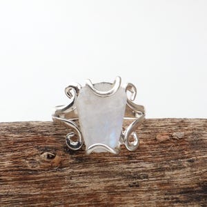 Raw Moonstone Coffin Ring, 925 Sterling Silver, Gothic Filigree Swirl Boho Statement Ring