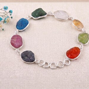 Sterling Silver Multi Gemstone Bracelet, Raw Chakra Crystal Boho Jewelry