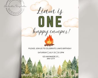 One Happy Camper First Birthday Invitation Template | Editable Camping Birthday Invite | Boy Adventure Theme Printable |