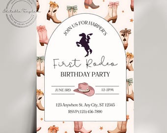 First Rodeo Birthday Invitation | Cowgirl Rodeo Party Invite | Editable Canva Template | Digital Download