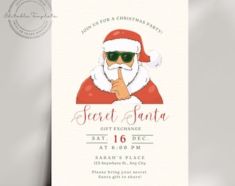May include: A cream-coloured invitation for a Secret Santa gift exchange. The design features an illustration of Santa Claus wearing sunglasses and a red suit, with a finger to his lips. Text includes event details.