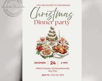Puede incluir: Una invitación a una cena de Navidad con ilustraciones en acuarela de una mesa festiva. La invitación incluye el texto "Christmas Dinner party", la fecha, la hora y la información de RSVP. El diseño presenta un árbol de Navidad, pavo asado y otros alimentos festivos.