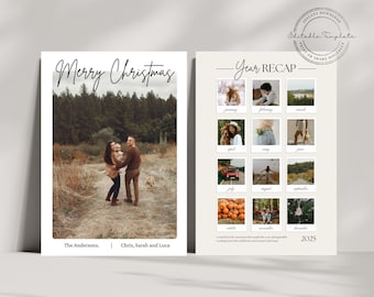 May include: A Christmas card design featuring a family photo with the text "Merry Christmas" in elegant script. The card includes a "Year Recap" section with twelve small photo frames, and the year "2025". The family's names are listed at the bottom.