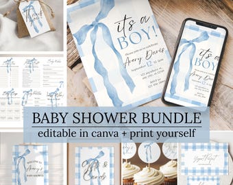 Editable Blue Baby Boy Shower Bundle | It’s a Boy Invitation Set | Printable Canva Templates | Boy Baby Shower Bundle | Blue Gingham Invite