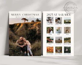May include: A two-page Christmas card design with the text "MERRY CHRISTMAS WITH LOVE THE SMITHS". The left page features a couple in a field. The right page has a "2025 AT A GLANCE" calendar with small photos for each month.