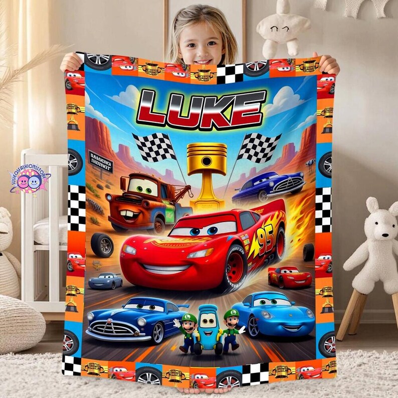 Couverture voitures personnalisées, jeté prénom personnalisé Lightning Mcqueen, cadeau voiture Pixar, cadeau d'anniversaire pour enfant, décoration de fan de Disneyland image 5