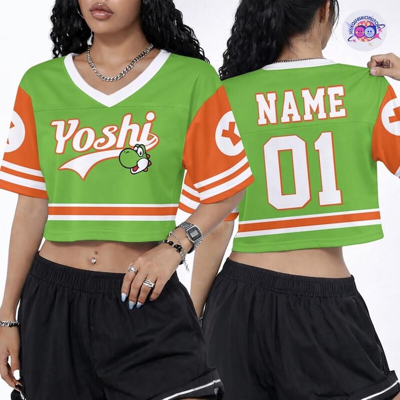Custom Super Mario Yoshi Croptop Football Jersey, Epic Universe Football Jersey, Super Mario Shirt, Disneyland Mario Group Shirt image 1