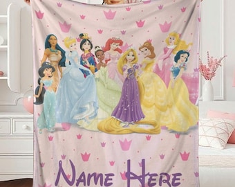 Personalized Disneyland Princess Blanket, Watercolor Princess Blanket, Belle Rapunzel Tiana Ariel Elsa Blanket, Birthday Girl, Xmas Blanket