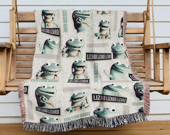 Manta tejida con meme de lagarto con nombre personalizado, manta con meme de lagarto personalizada, manta con meme divertido, regalo de Navidad para ella o él