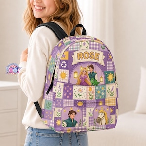 Personalized Tangled Backpack, Rapunzel School Bag, Custom Kids Name Gift, Floral Patchwork Daypack, Gift for Girl, School Bag for Girls