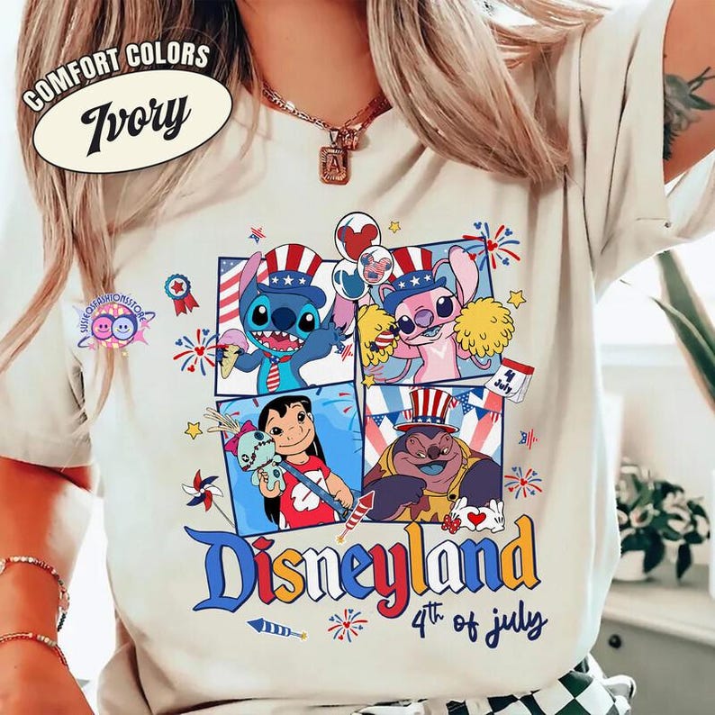 Camiseta de Lilo y Stitch con globos de Disneyland para el 4 de julio, regalo de Lilo y Stitch para el Día de la Independencia (4 de julio), camisetas de verano de Estados Unidos. imagen 1