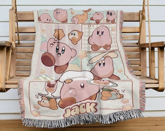 Kirby Hand Woven Blanket | Retro Gaming Tapestry Throw | Kawaii