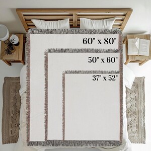 a bed with three different size blankets laid out on it, each with a different size indicated by the text.