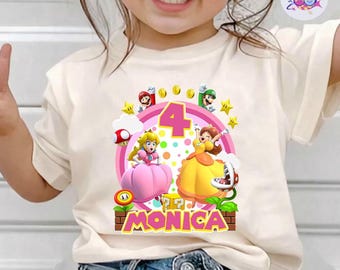 Chemise d'anniversaire personnalisée princesse Peach personnages Mario, chemise Mario personnalisée, chemise Super Mario, chemise Mario assortie pour la famille, cadeau pour fille