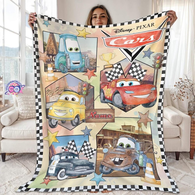 Personalized Disneyland Pixar Cars Blanket, Lightning Mcqueen Throw, Custom Kids Bedding, Gift for Boys, Nursery Decor, Mater Baby Blanket image 1