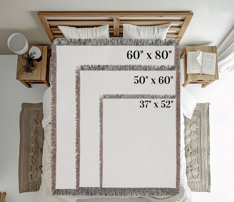 a bed with three different size blankets laid out on it, each with a different size indicated by the text.