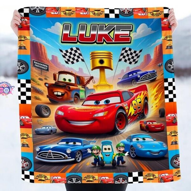 Couverture voitures personnalisées, jeté prénom personnalisé Lightning Mcqueen, cadeau voiture Pixar, cadeau d'anniversaire pour enfant, décoration de fan de Disneyland image 2