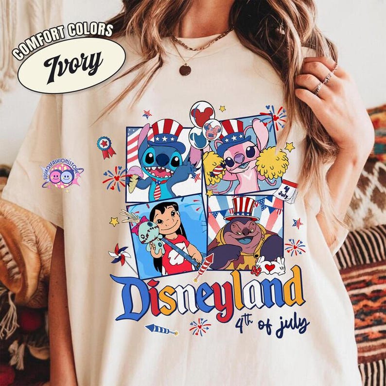 Camiseta de Lilo y Stitch con globos de Disneyland para el 4 de julio, regalo de Lilo y Stitch para el Día de la Independencia (4 de julio), camisetas de verano de Estados Unidos. imagen 3