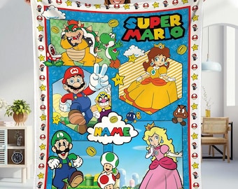 Personalized Super Mario Bros Blanket, Super Mario Birthday Fleece Blanket, Super Mario Luigi Bowser Princess Peach Blanket, Funny Blanket