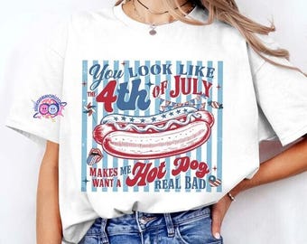 Camiseta Comfort Colors "Te ves como el 4 de julio", "Me dan ganas de comer un perrito caliente", camiseta divertida del 4 de julio, camiseta del Día de la Independencia
