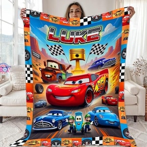 Personalized Cars Blanket, Disneyland Pixar Lightning Mcqueen Throw, Custom Name Blanket for Boys, Kids Bedding Gift, Nursery Decor image 1
