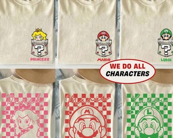 Custom All Super Mario Character Retro Checkered Shirt, Family Matching Holiday Trip Matching Tee, Super Mario Birthday Trip