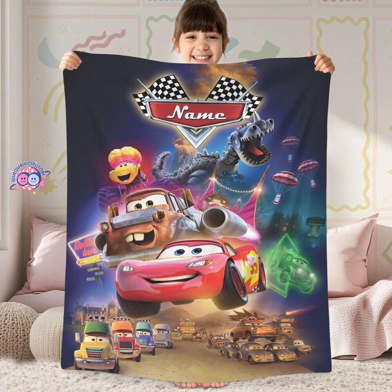Custom Kids Fleece Blanket, Cars Movie Personalized Blanket, Lightning Mcqueen Mater Throw, Gift for Boys Birthday, Toddler Bedding Decor image 2