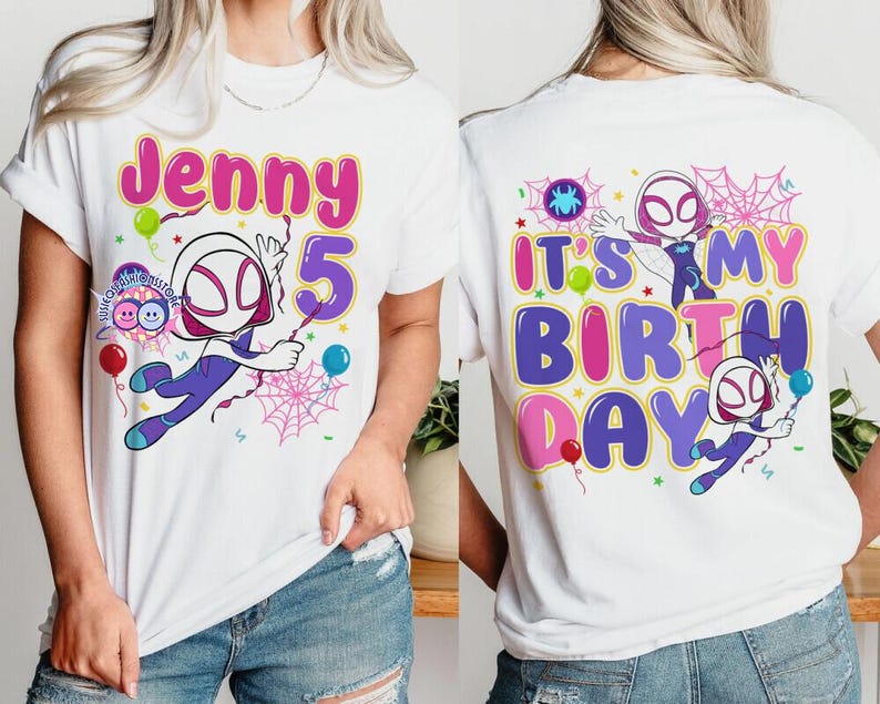 Personalized Ghost Spidey Birthday Girl Shirt: Spidey and Friends Theme Party, Family Matching Tee, Adult, Youth, Kids Unisex Shirts image 3