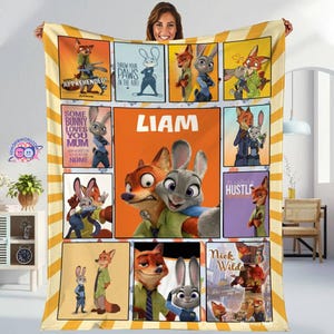 Personalized Zootopia Blanket, Nick Wilde & Judy Hopps Throw, Custom Name Baby Gift, Kids Bedroom Decor, Movie Character Bedding 画像 1