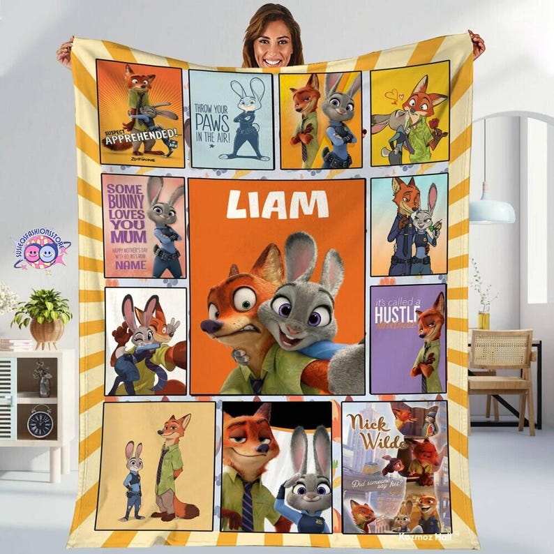 Personalized Zootopia Blanket, Nick Wilde & Judy Hopps Throw, Custom Name Baby Gift, Kids Bedroom Decor, Movie Character Bedding 画像 1