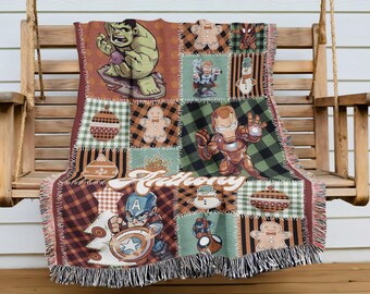 Personalized Avengers Christmas Blanket, Captain America Iron Man Hulk Woven Blanket, Superhero Christmas Throw Blankets For Bed Couch Sofa
