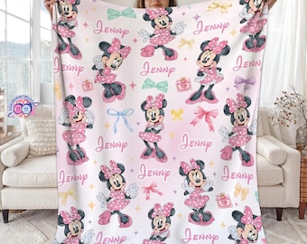 Personalized Minnie Blanket, Disneyland Minnie Name Throw, Custom Baby Shower Gift for Girl, Pink Nursery Bedding