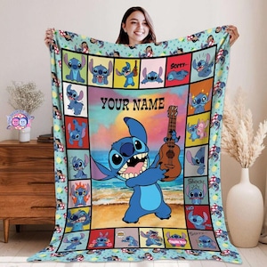 Personalized Lilo and Stitch Blanket, Stitch Ukulele Throw, Custom Name Disneyland Gift, Kids Bedroom Decor, Gift for Daughter image 1