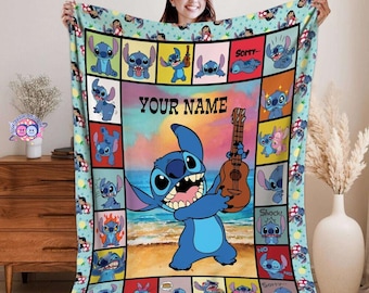 Personalized Lilo and Stitch Blanket, Stitch Ukulele Throw, Custom Name Disneyland Gift, Kids Bedroom Decor, Gift for Daughter
